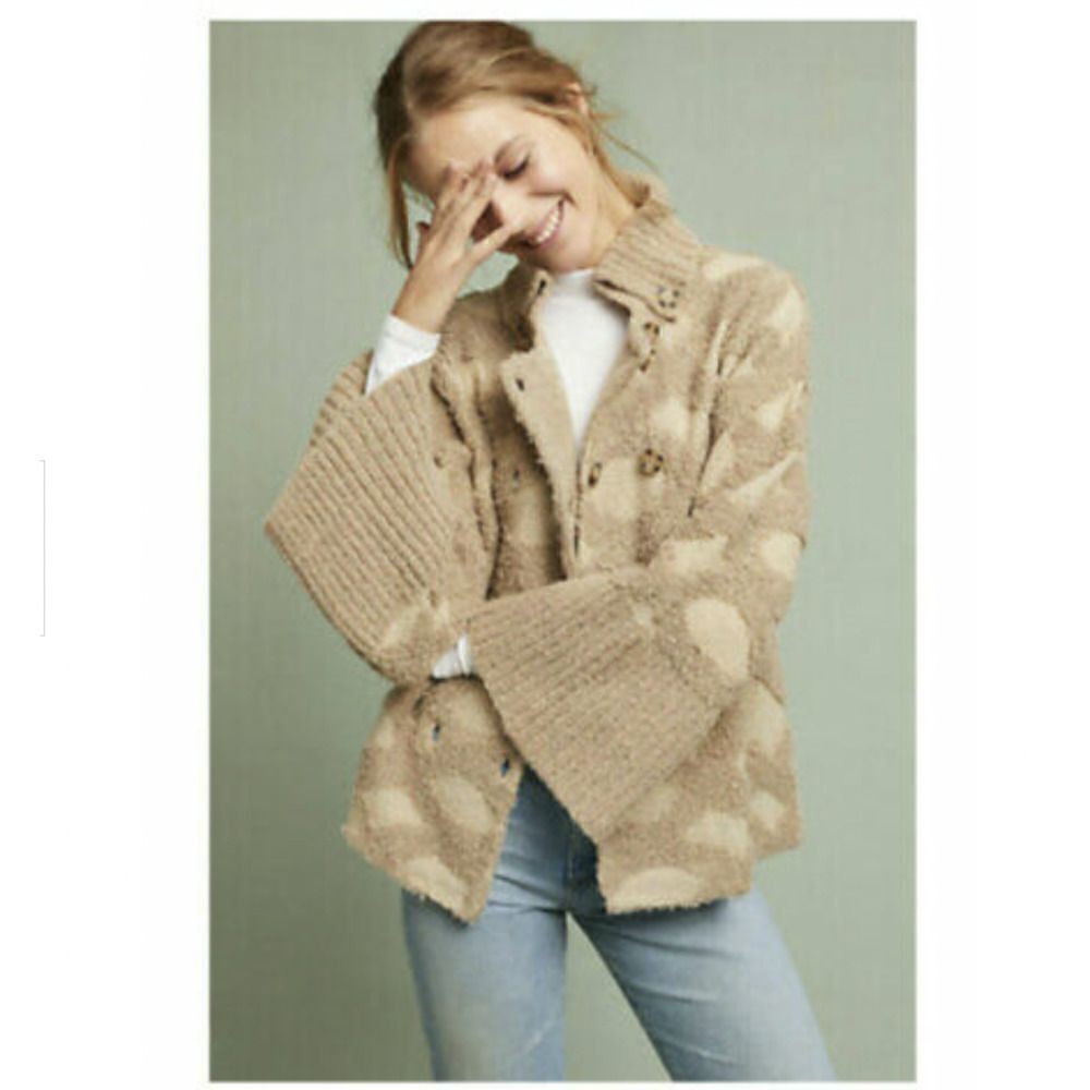 Anthropologie Rosie Neira Sz XS‎ Intarsia Spotted Cardigan Sweater Grandpa Tan